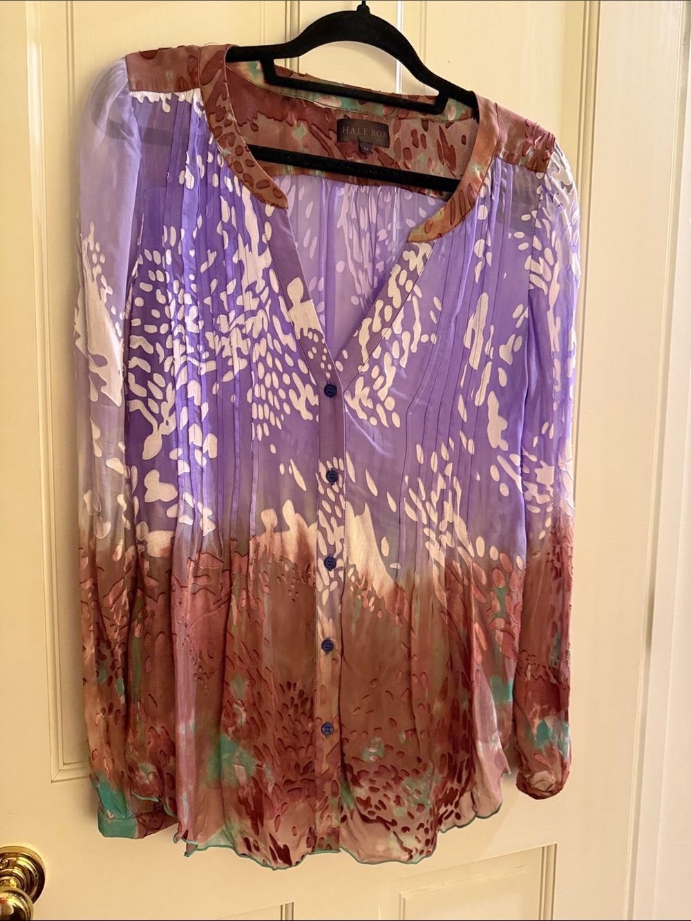 Hale Bob Lavender & Taupe Watercolor Silk Button-Down Blouse